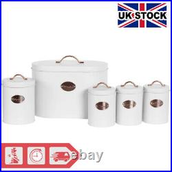 5pc-Kitchen Set Bread Bin Tea Coffee Sugar Biscuit Tins, Barrel Sealed Containers
