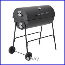 Charcoal Barbecue Grill with Wheels and Thermometer, Barrel BBQ Trolley Smoker