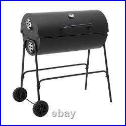 Charcoal Barbecue Grill with Wheels and Thermometer, Barrel BBQ Trolley Smoker