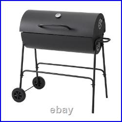 Charcoal Barbecue Grill with Wheels and Thermometer, Barrel BBQ Trolley Smoker