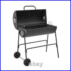 Charcoal Barbecue Grill with Wheels and Thermometer, Barrel BBQ Trolley Smoker