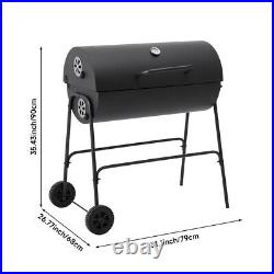 Charcoal Barbecue Grill with Wheels and Thermometer, Barrel BBQ Trolley Smoker