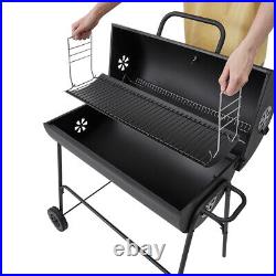 Charcoal Barbecue Grill with Wheels and Thermometer, Barrel BBQ Trolley Smoker