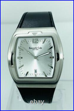 Kenneth Cole KC1214 Black Leather Strap Silver White Dial Barrel Shape Watch