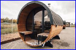 Luxury Outdoor Sauna Garden Sauna Harvia wood fired Heater front panoramic wall