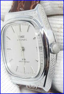 MINT! $ Vintage Timex Mens Automatic Viscount Silver Barrel CROCODILE BAND Watch