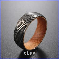 Mens Womens Wedding Fashion Ring Damascus Steel With Whiskey Barrel Liner