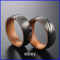 Mens Womens Wedding Fashion Ring Damascus Steel With Whiskey Barrel Liner