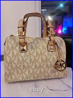 Michael Kors small monogram logo cream barrel bag womens grayson