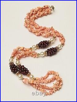 Necklace VTG Pink Coral Garnet Beaded Collar Fine Braided Strand Genuine Rare
