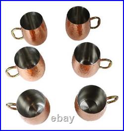 Pack Of 6 Moscow Mule Copper Stainless Steel Hammered Barrel Cup Mug Gold Handle