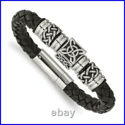 Stainless Steel Black Leather 8.5 Inch Bracelet Cord Leatrubber Men Fashion
