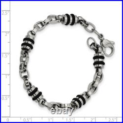 Stainless Steel Black Rubber Barrel Link 8 inch Chain Bracelet