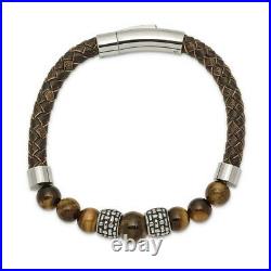 Stainless Steel Tigereye Leather 8.5 Inch Bracelet Cord Leatrubber Men Natural
