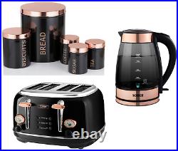Tower Smoked Glass Kettle 4 Slice Toaster & 5 Piece Storage Set Black/Rose Gold