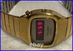 Vintage Bulova Men Barrel Gold Tone RED LED N7 Digital Watch HoursDate Working