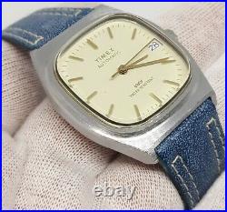 Vintage Timex Mens Automatic Viscount Silver Barrel Watch Gold Blue Leather RUNS
