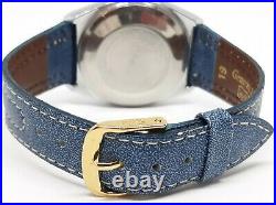 Vintage Timex Mens Automatic Viscount Silver Barrel Watch Gold Blue Leather RUNS